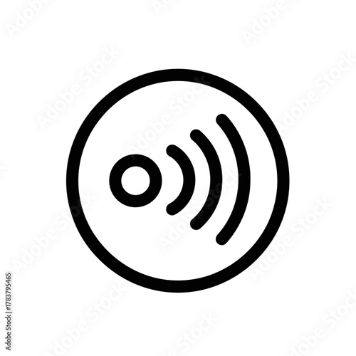 Minimalist black line icon for contactless payment, showing a signal with radiating waves.