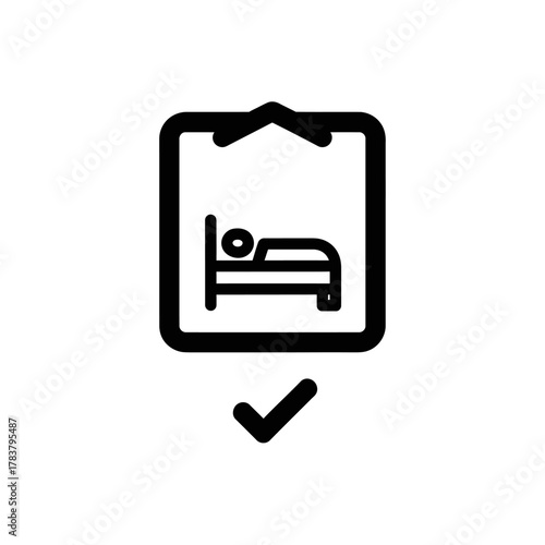 Minimalist black line icon of a clipboard with a bed symbol and a checkmark, representing a confirmed booking or reservation.