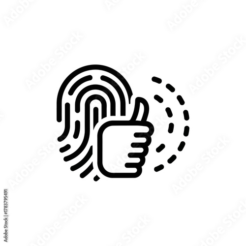 Minimalist black line icon of a fingerprint with a thumbs-up gesture, symbolizing biometric approval and successful identity verification.