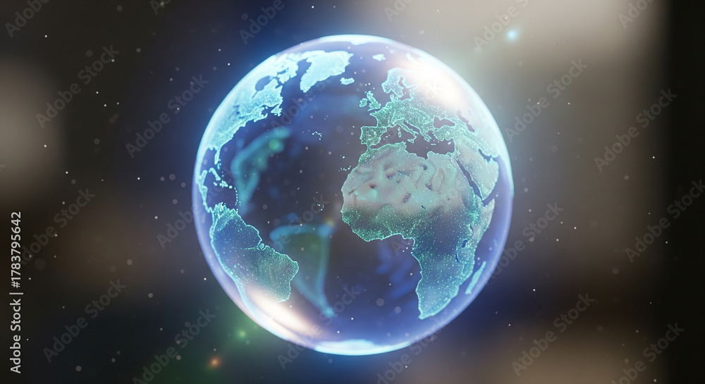 Obraz premium Digital Holographic Earth in Space: Global Connectivity Concept A stunning, high-resolution rendering of a digital, holographic projection of Earth centered in the frame against a dark