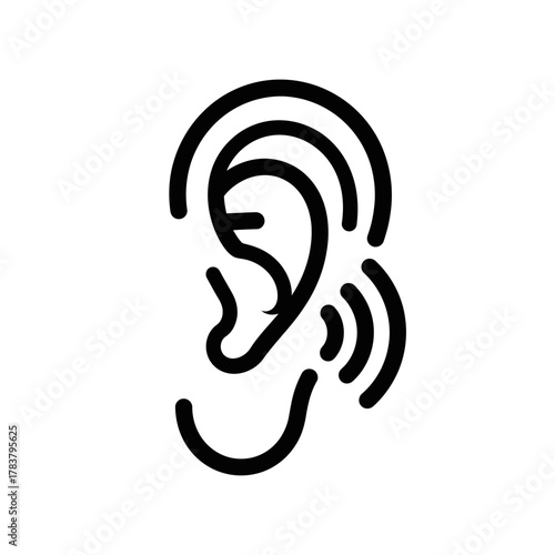 Minimalist black outline human ear icon with sound waves, representing hearing and auditory perception.