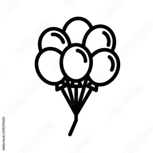 Minimalist Black Outline Icon of a Bunch of Seven Party Balloons Tied Together.
