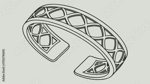 Isometric view of a patterned cuff bracelet with geometric cutouts and thick outline design element