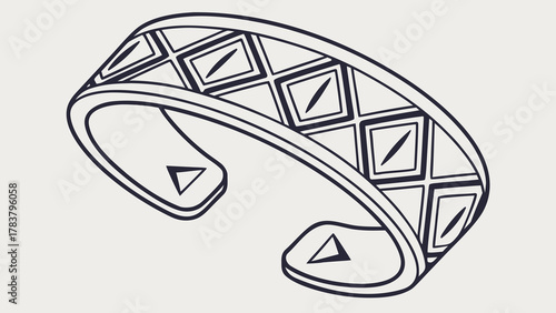 Illustration of a cuff bracelet with geometric pattern and triangle ends in black and white outline