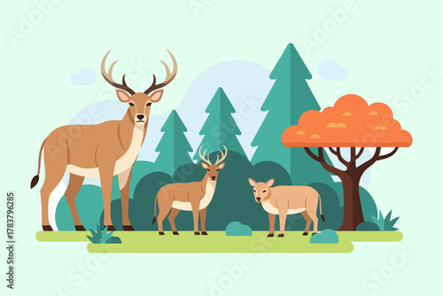 Stylized Deer Family Illustration with Antlers Standing in Forest Scene