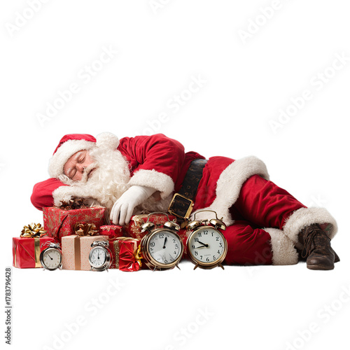 Tired Santa Claus rests surrounded by Christmas gifts and alarm clocks