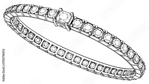 Illustration of a diamond bracelet with round and square cut stones in a repeating pattern design style