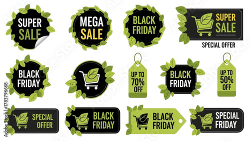 Green Black Friday Sale Badges Vector Design, Eco Friendly Discount Labels, Sustainable Shopping Tags, Modern Black and Green Promotion Icons