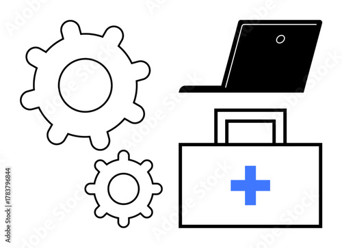 Gears, laptop, and medical kit with a plus symbol signify tech, collaboration, and healthcare innovation. Ideal for healthcare tech, troubleshooting, teamwork, efficiency diagnostics productivity