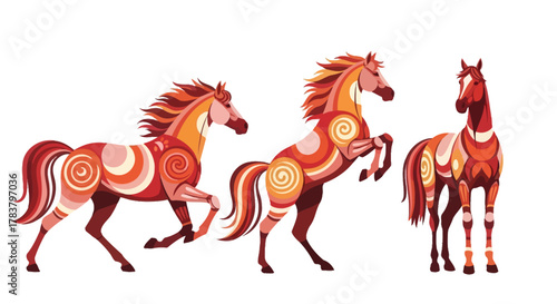 Set of decorative horses stylized vector illustration in warm colors transparent background