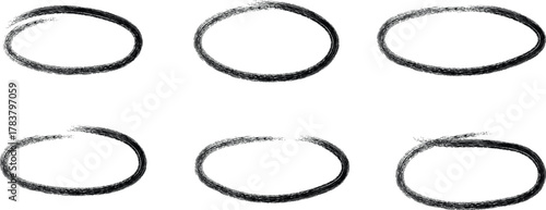 Six hand drawn rough circles and ovals on white background