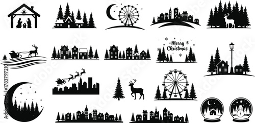 Christmas and winter silhouette collection, festive scenes and holiday icons, nativity, Santa, snow globe, Ferris wheel, pine trees, black vector graphic set