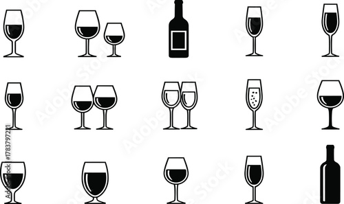 Wine glasses and bottles vector icons, black and white silhouette set, champagne flutes, minimalist design, alcohol drinkware, bar, celebration illustration