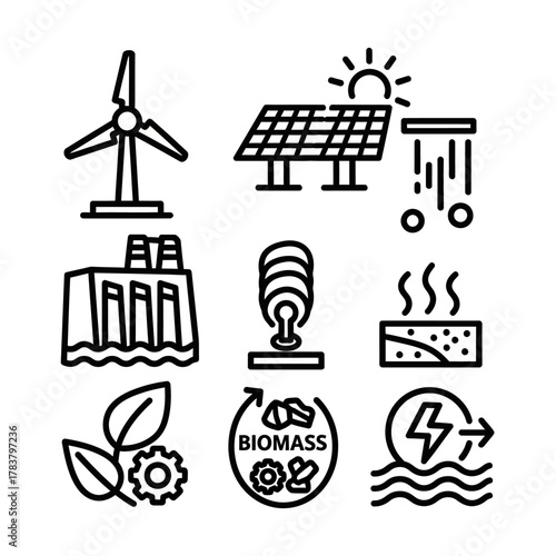 Renewable Energy Icons - Wind Turbine, Solar Panel, Hydroelectric Dam, Geothermal, Biomass, Wave Energy.