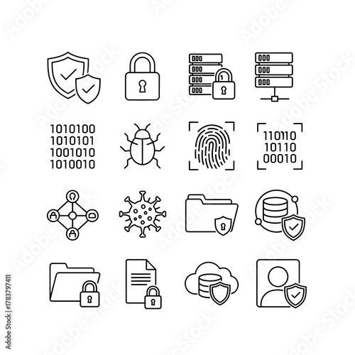 Security Icons - Shield, Lock, Data, Bug, Fingerprint, Binary Code, Cloud, User, and Folder.