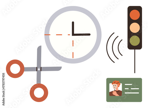 Scissors and clock for scheduling changes, traffic signal symbolizing decisions, ID card, and sound waves for notifications and access. Ideal for time management, prioritization, decision-making