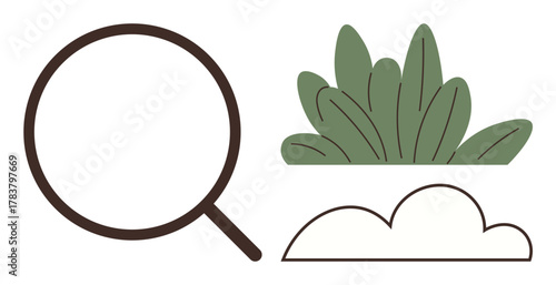 Magnifying glass with green leaves and a cloud icon suggests discovery, analysis, nature, research, environment, outdoor exploration. Ideal for sustainability, search, focus education ecology