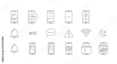 Set of outline mobile phone and notification icons, including messages, alerts, and connectivity symbols.