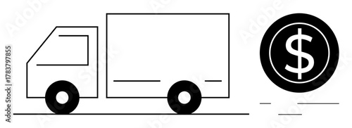 Black-and-white line art of a delivery truck moving next to a dollar coin. Ideal for logistics, transportation, e-commerce, financial planning, shipping, cost management, trade coordination. Simple