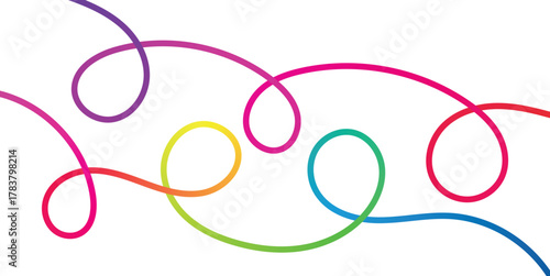 Colorful abstract swirling ribbons create a playful and energetic design on white