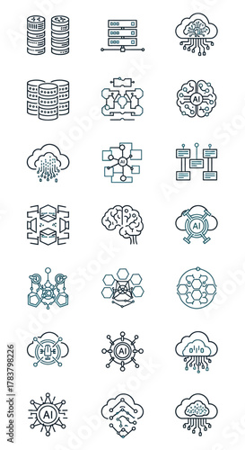 Set of twenty detailed line art icons representing data, cloud computing, and artificial intelligence concepts.