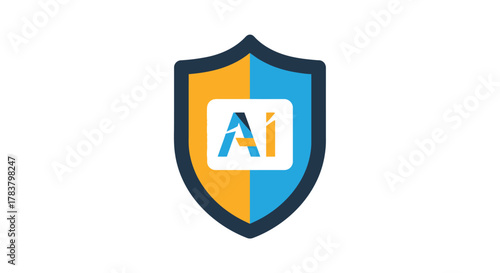 Shield Icon with AI Text, Divided in Gold and Blue, Security Concept.