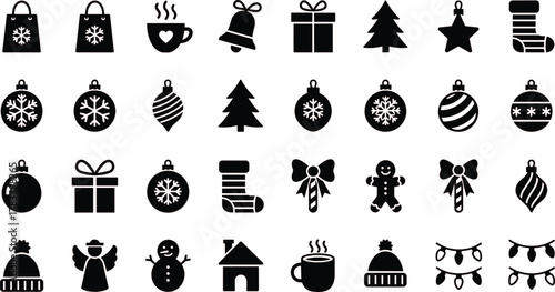 Christmas icon collection, black silhouette set, festive holiday symbols, gift, tree, snowflake, stocking, ornament, bell, gingerbread, winter vector design