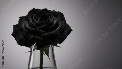 Monochrome Black Rose in Glass Vase - A Study in Contrast.
