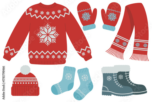 A flat lay illustration of a winter clothing set with snowflakes