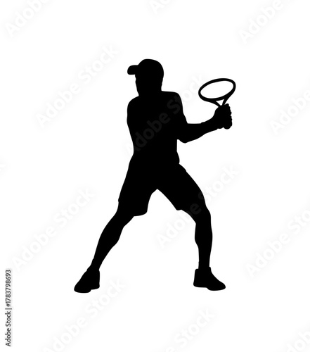 Silhouette of a tennis player in action swinging a racquet ready to hit a ball on a white background