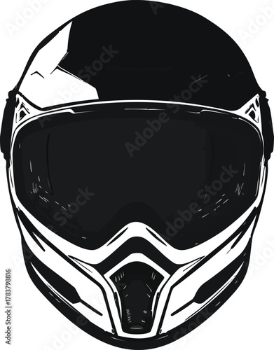Black full-face motorcycle helmet front view with tinted visor vector illustration