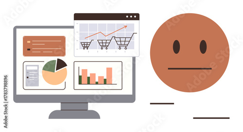 Computer monitor displaying sales charts, pie graphs, and cart analytics alongside a neutral emotion face. Ideal for business trends, online shopping, marketing strategies, data analysis, performance