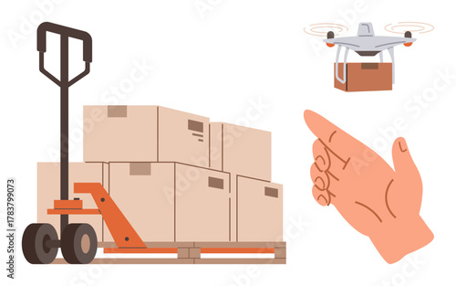 Hand pushing a pallet truck loaded with boxes, quadcopter delivering a package nearby. Ideal for logistics, delivery service, e-commerce, innovation, automation, supply chain, simple flat metaphor