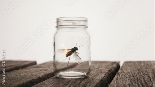 Mosquito trapped inside a glass jar on wooden surface.