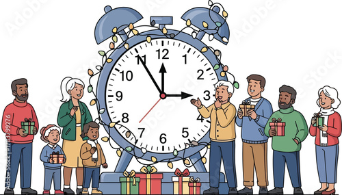 Family gathering with gifts around a large clock for daylight savings time change