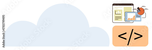 Cloud backdrop with graphs, charts, notebook, and coding tag illustrating data management, development, and technology. Ideal for software, analytics, development cloud storage data science IT