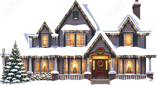 Snow covered house decorated with christmas lights and a wreath at night time