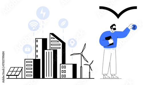 Urban cityscape with solar panels, wind turbines, and smart technology icons man holding tablet and energy symbol. Ideal for sustainability, innovation, green technology, renewable energy, urban