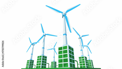 Clean Energy Hybrid System: 3D Illustration of Wind Turbines and Solar Power Farm on White Background