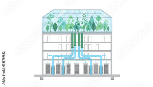 Sustainable Data Center Cooling System Diagram with Rooftop Greenhouse and Server Racks