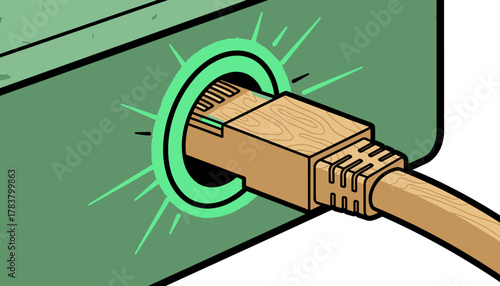 Active Network Connection: Wooden Ethernet RJ45 Plug Glowing Green in a Router Port Illustration