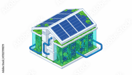 Isometric Illustration of a Sustainable Data Center Powered by Solar Panels and Cooled by Green Technology