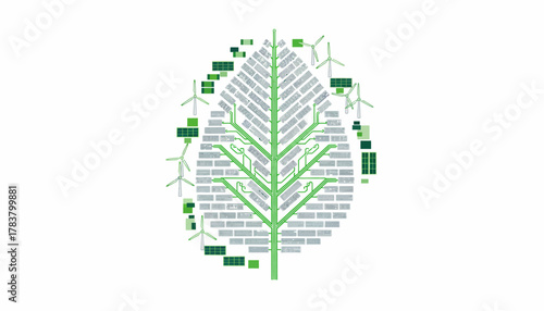 Sustainable Green Energy Leaf Illustration: Solar Panels and Wind Turbines Integrated into an Organic Circuit Design