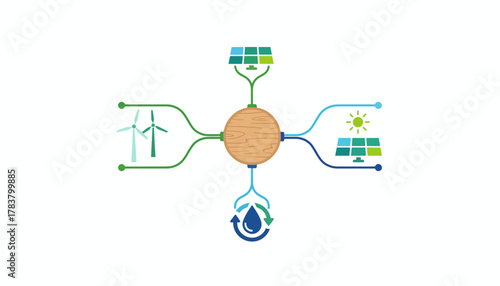Interconnected Renewable Energy System Concept: Wind, Solar Power, and Water Conservation Hub Diagram