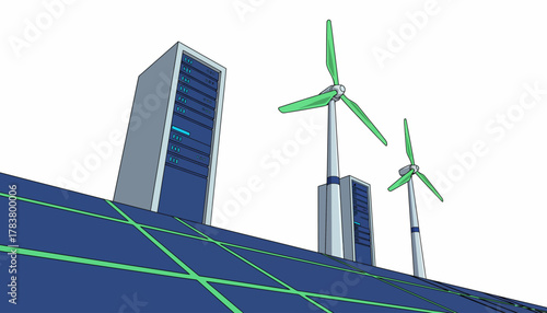 Green Data Center Illustration: Sustainable IT Infrastructure powered by Solar Energy and Wind Power on White Background