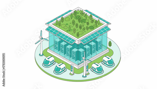 Sustainable Green Data Center Isometric Illustration with Solar Power, Wind Energy, and Electric Vehicle Charging Infrastructure.