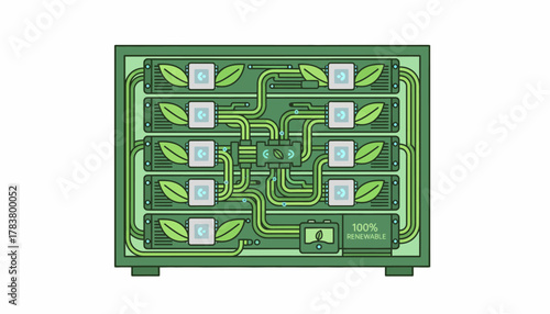 Sustainable Data Center Server Rack Illustration of 100% Renewable Green Energy Technology and Eco-Friendly Circuits.