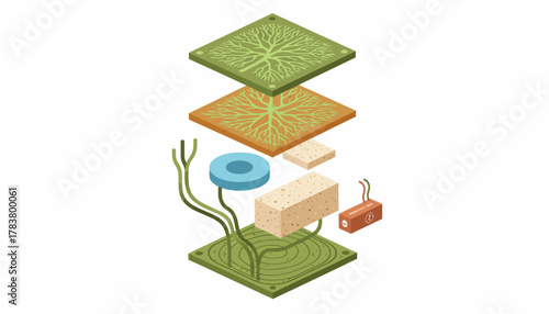 Bio-Integrated Technology Exploded Diagram. Sustainable Engineering Concept with Organic Roots and Electronic Components.