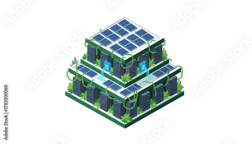 Green Data Center Isometric Illustration. Renewable Energy and Sustainable IT Infrastructure Concept