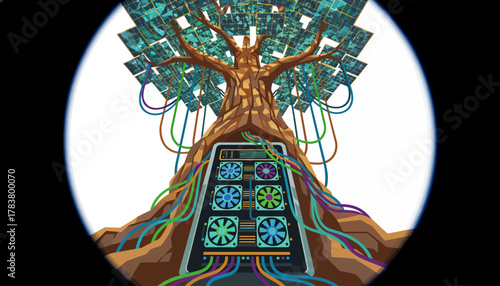 Sustainable Tech Ecosystem: Abstract Solar-Powered Data Tree with Server Cooling Fans and Wiring